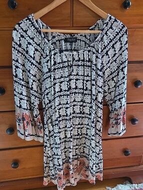 Papillon Black and White Floral Boho Dress with Coral Border